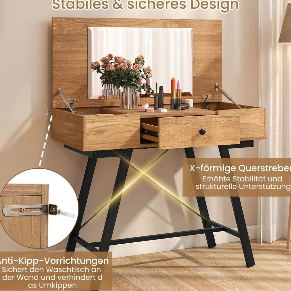 Schminktisch mit Großem Spiegel & Ladestation & Klappdeckel & Schublade Kosmetiktisch Natur