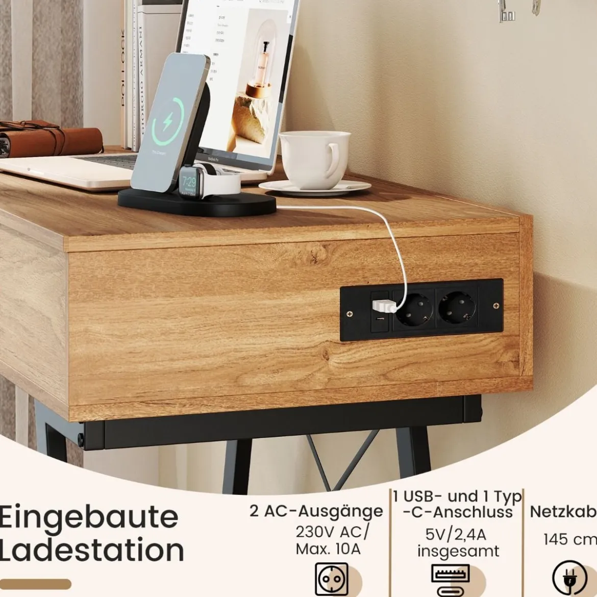 Schminktisch mit Großem Spiegel & Ladestation & Klappdeckel & Schublade Kosmetiktisch Natur