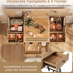 Schminktisch mit Großem Spiegel & Ladestation & Klappdeckel & Schublade Kosmetiktisch Natur