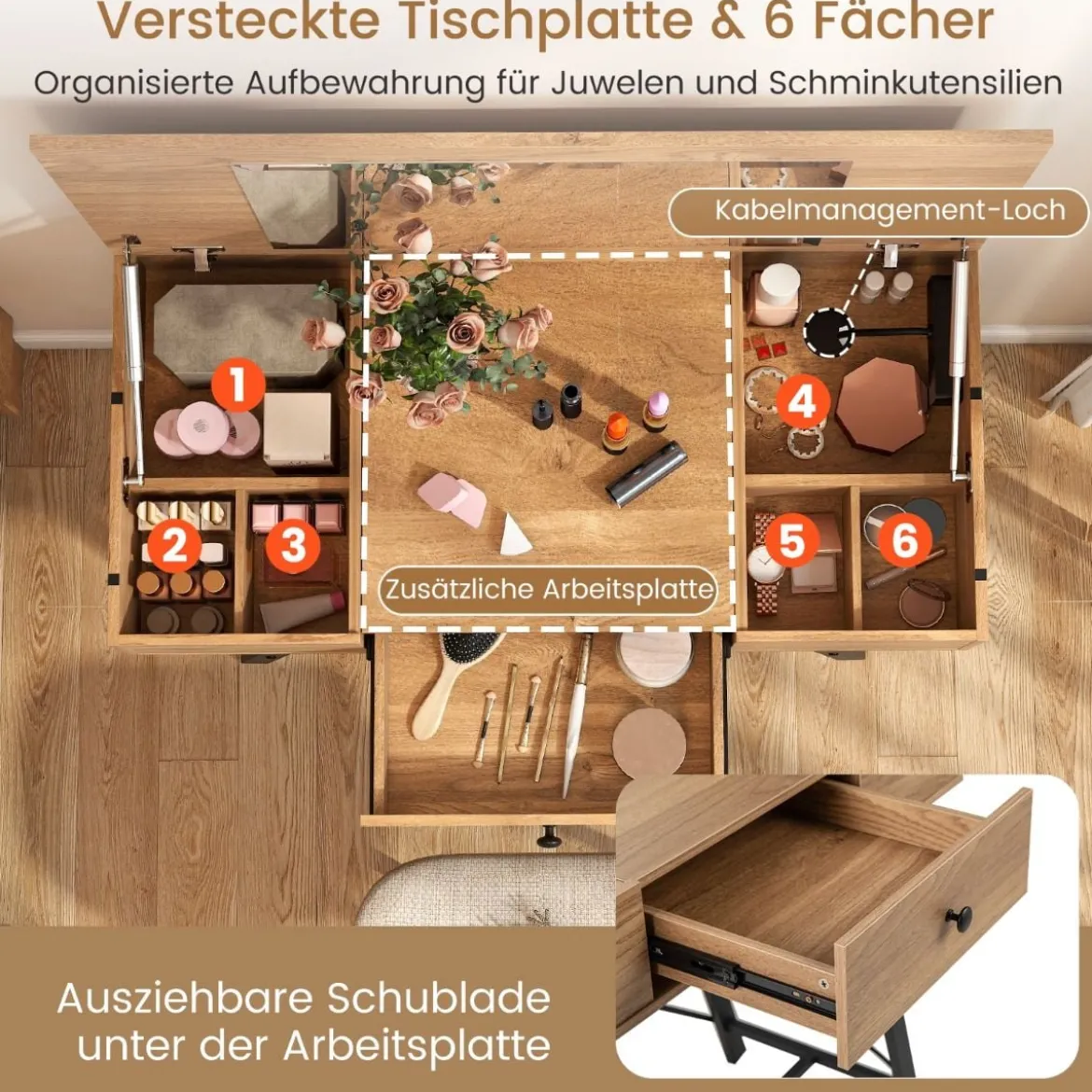 Schminktisch mit Großem Spiegel & Ladestation & Klappdeckel & Schublade Kosmetiktisch Natur