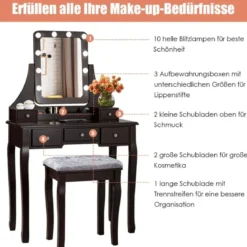 Schminktisch mit Hocker 360° drehbarem Spiegel und 10 dimmbaren LED-Birnen Kosmetiktisch Braun