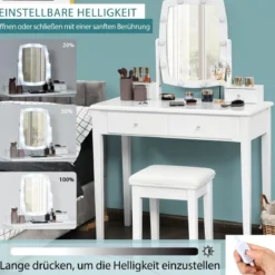 Schminktisch mit Hocker & 360° drehbarem Spiegel & 10 dimmbarenverstellbaren LED-Birnen Weiß