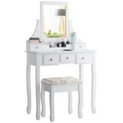 Schminktisch mit Hocker Frisiertisch-Set Kosmetiktisch mit 5 Schubladen und Spiegel Weiß
