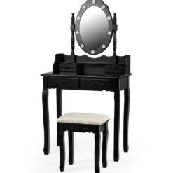 Schminktisch mit Hocker Spiegel & 10 dimmbaren LED-Birnen 75 x 40 x 146 cm Schwarz