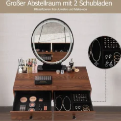 Schminktisch mit Hocker und Schubladen Frisiertisch-Set mit Spiegel und Acrylbox 80 x 40 x 136 cm Braun