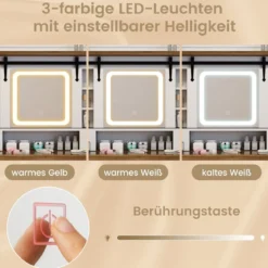 Schminktisch mit LED-Beleuchtung 3 Farben mit Einstellbarer Helligkeit Kosmetiktisch Weiß