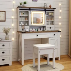 Schminktisch mit LED-Beleuchtung 3 Farben mit Einstellbarer Helligkeit Kosmetiktisch Weiß
