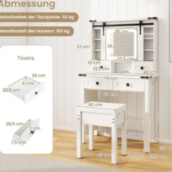 Schminktisch mit LED-Beleuchtung 3 Farben mit Einstellbarer Helligkeit Kosmetiktisch mit Schiebespiegel Weiß
