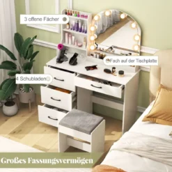 Schminktisch mit LED-Beleuchtung 3 Farben mit Einstellbarer Helligkeit Weiß