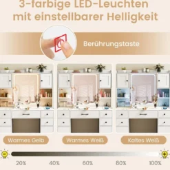 Schminktisch mit LED-Beleuchtung 3 Farben mit Einstellbarer Helligkeit Kosmetiktisch mit Spiegel Weiß
