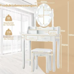 Schminktisch mit LED-Beleuchtung einstellbare Helligkeit Frisiertisch mit 4 Schubladen Weiß