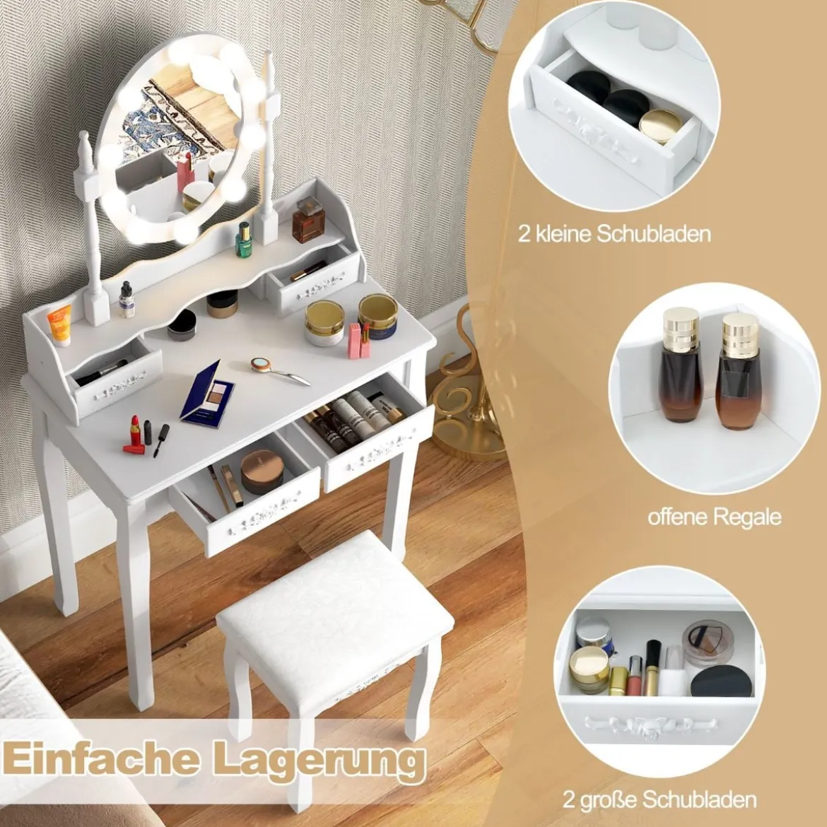 Schminktisch mit LED-Beleuchtung einstellbare Helligkeit Frisiertisch mit 4 Schubladen Weiß