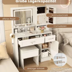 Schminktisch mit LED-Beleuchtung & Ladestation & Hocker Schmuckschrank Frisiertisch