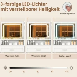 Schminktisch mit LED-Beleuchtung & Ladestation & Hocker Schmuckschrank Frisiertisch
