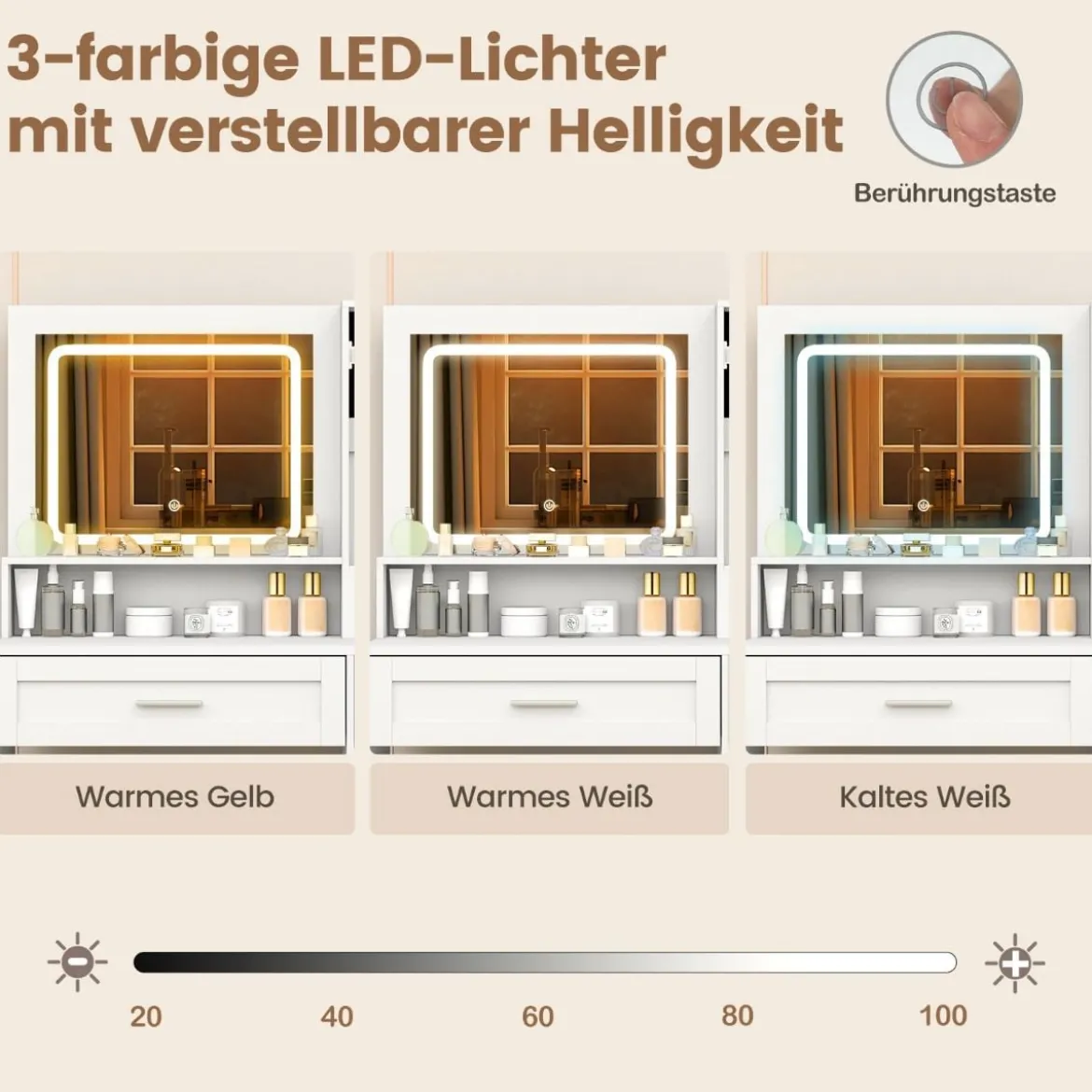 Schminktisch mit LED-Beleuchtung & Ladestation & Hocker Schmuckschrank Frisiertisch