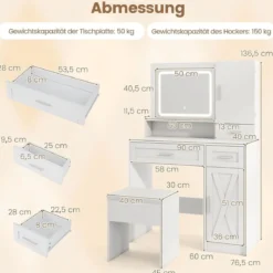 Schminktisch mit LED-Beleuchtung & Ladestation & Hocker Schmuckschrank Frisiertisch
