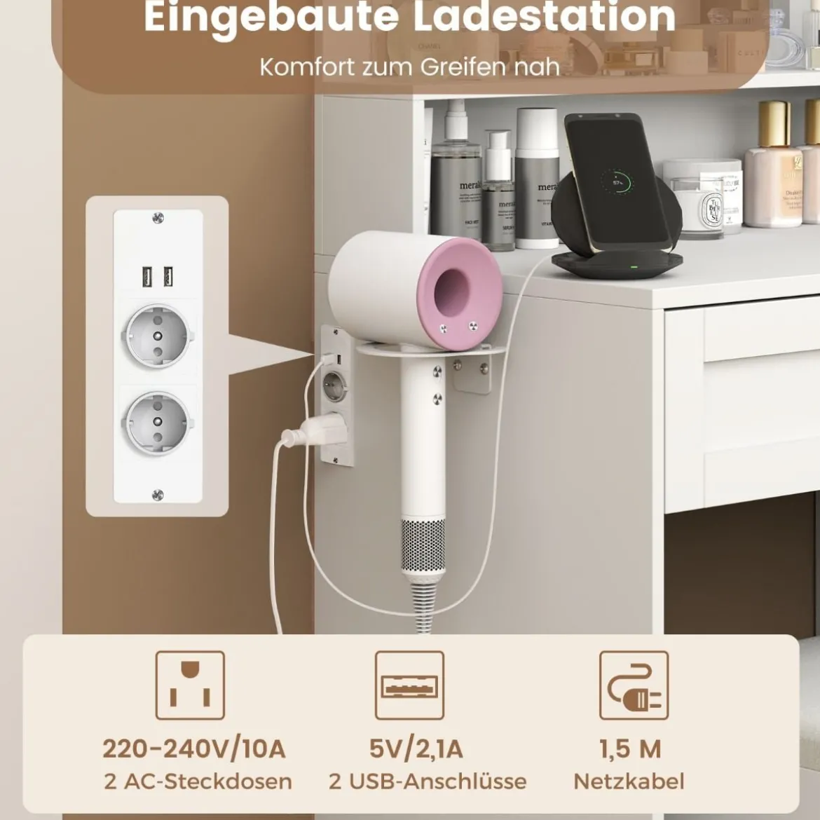 Schminktisch mit LED-Beleuchtung & Ladestation & Hocker Schmuckschrank Frisiertisch