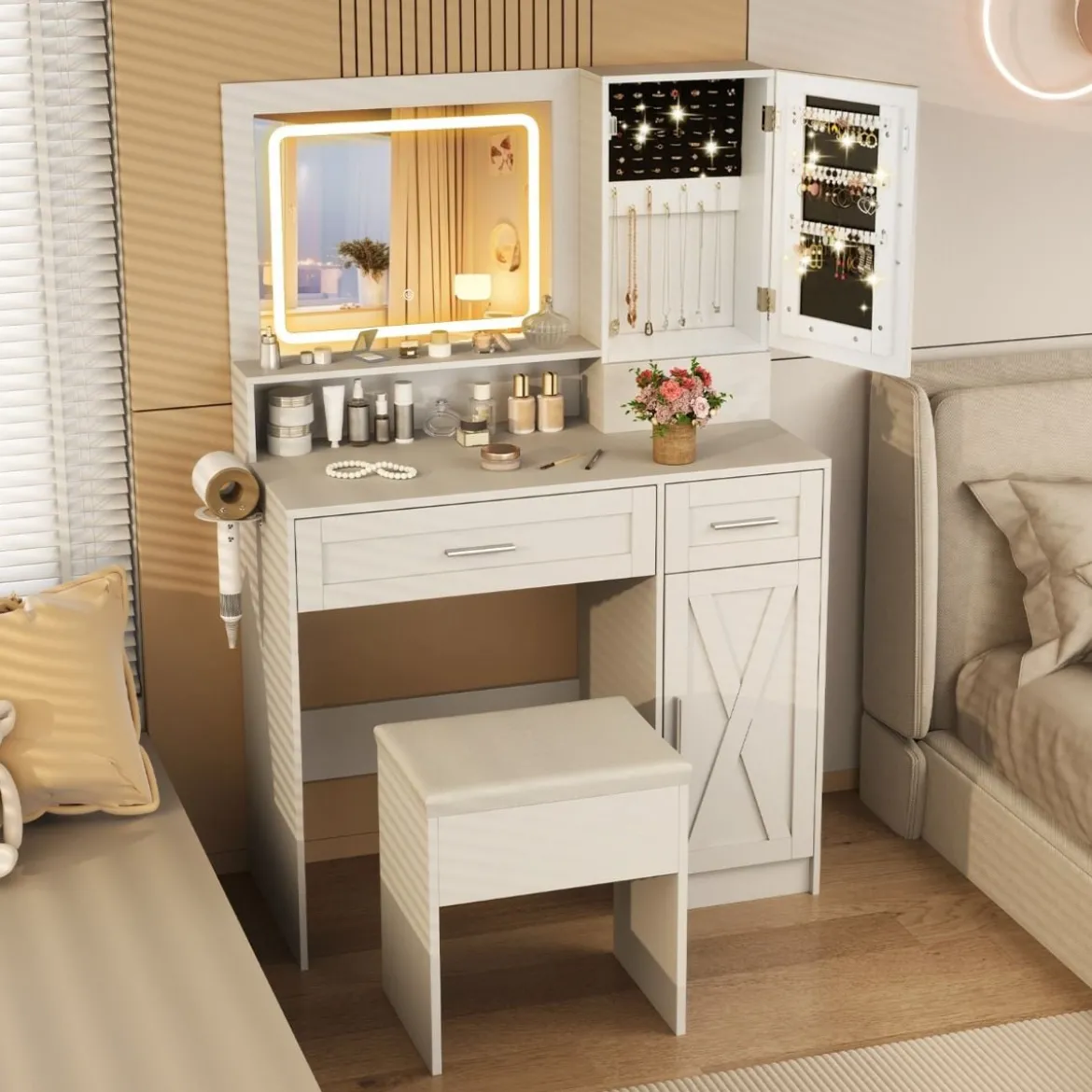 Schminktisch mit LED-Beleuchtung & Ladestation & Hocker Schmuckschrank Frisiertisch