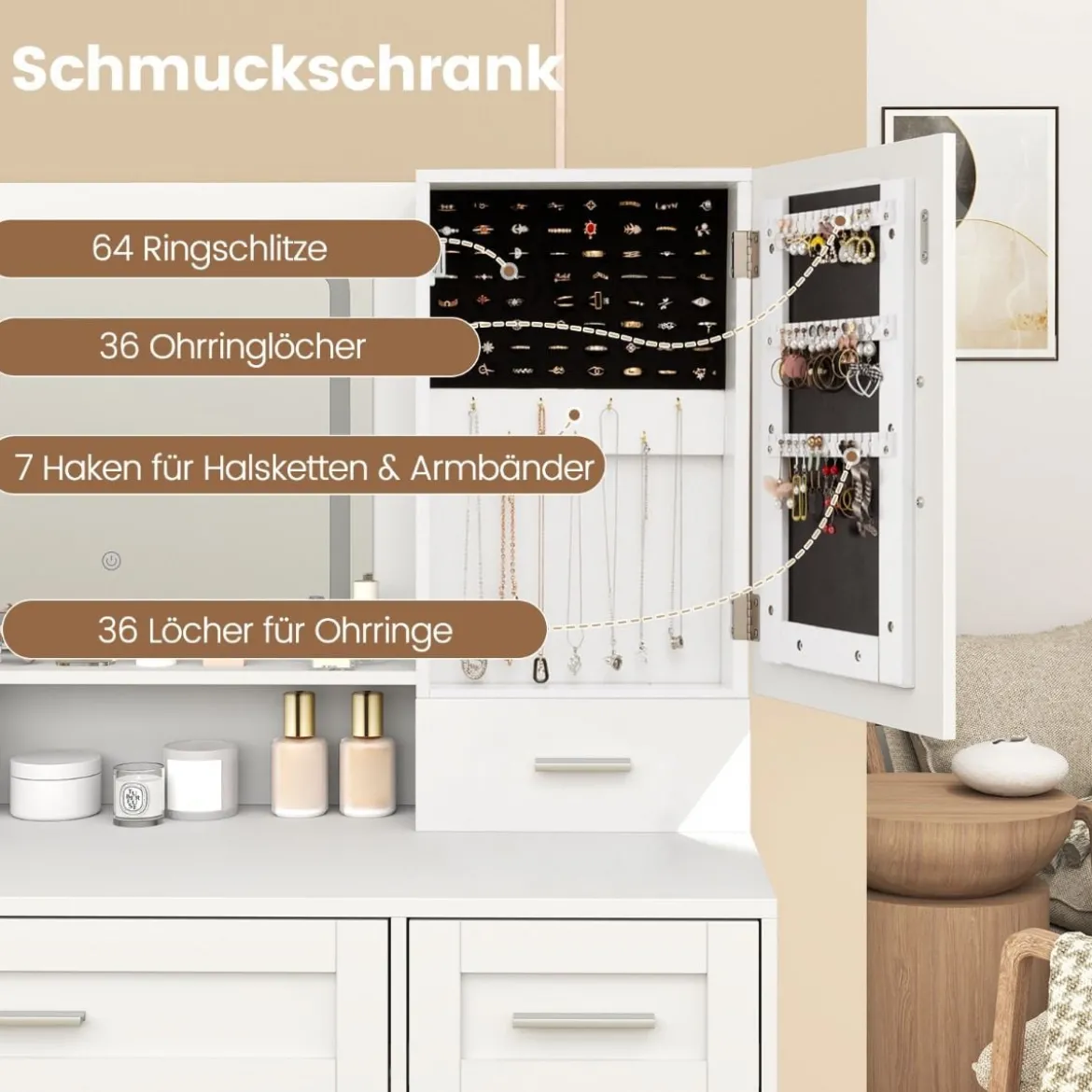 Schminktisch mit LED-Beleuchtung & Ladestation & Hocker Schmuckschrank Frisiertisch