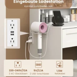 Schminktisch mit LED-Beleuchtung & Ladestation & Hocker Schmuckschrank Frisiertisch