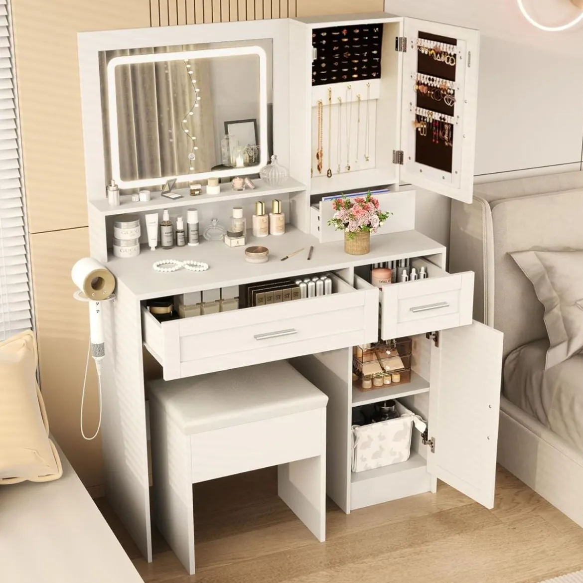 Schminktisch mit LED-Beleuchtung & Ladestation & Hocker Schmuckschrank Frisiertisch
