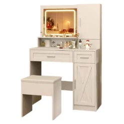 Schminktisch mit LED-Beleuchtung & Ladestation & Hocker Schmuckschrank Frisiertisch