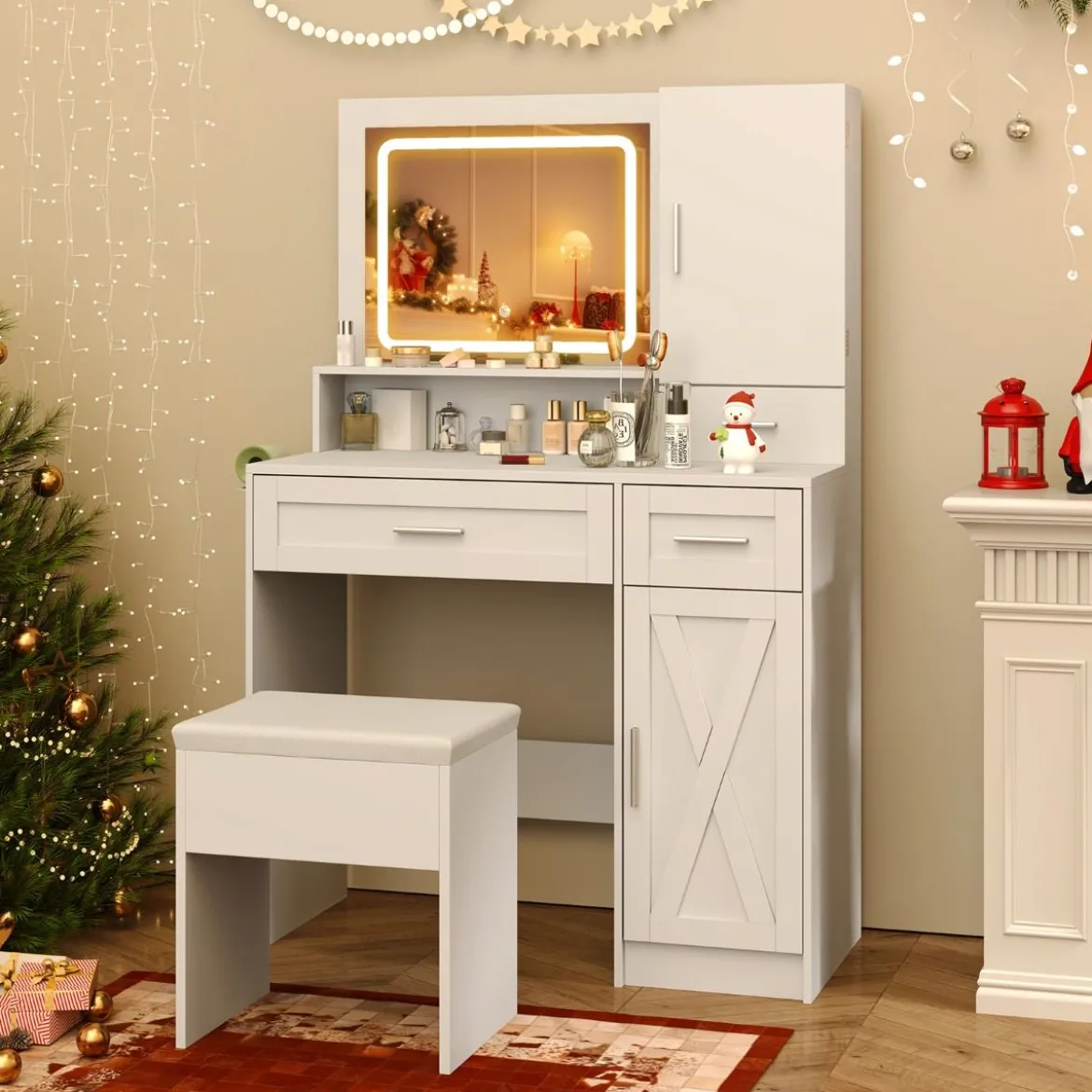 Schminktisch mit LED-Beleuchtung & Ladestation & Hocker Schmuckschrank Frisiertisch
