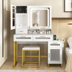 Schminktisch mit LED-Beleuchtung & Ladestation & Hocker Frisiertisch Schmuckschrank