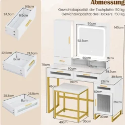 Schminktisch mit LED-Beleuchtung & Ladestation & Hocker Frisiertisch Schmuckschrank