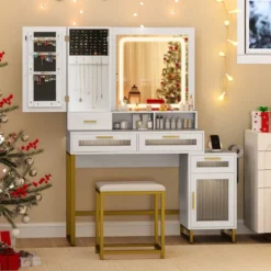 Schminktisch mit LED-Beleuchtung & Ladestation & Hocker Frisiertisch Schmuckschrank