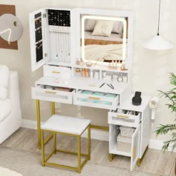 Schminktisch mit LED-Beleuchtung & Ladestation & Hocker Frisiertisch Schmuckschrank