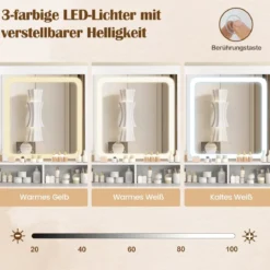Schminktisch mit LED-Beleuchtung & Ladestation & Hocker Frisiertisch Schmuckschrank
