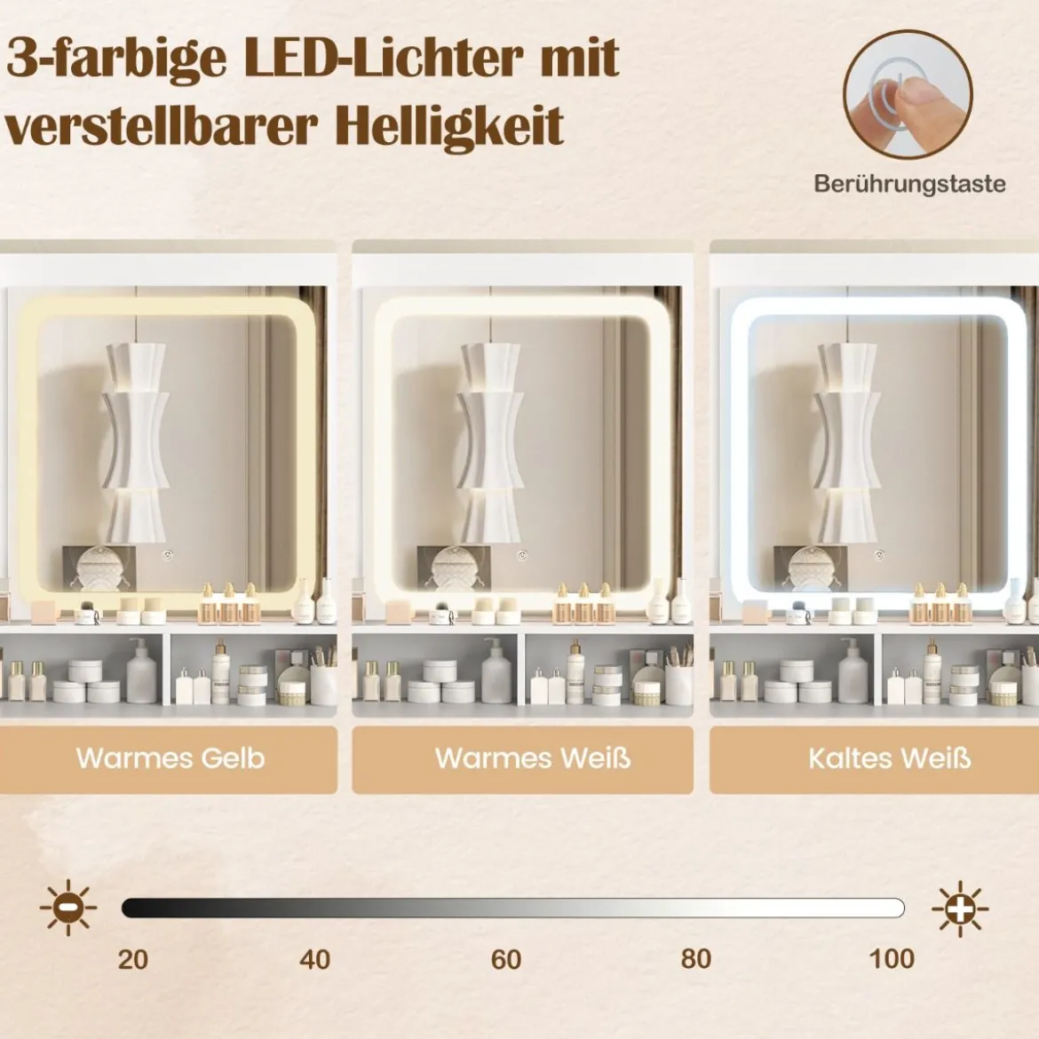 Schminktisch mit LED-Beleuchtung & Ladestation & Hocker Frisiertisch Schmuckschrank