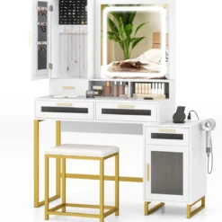 Schminktisch mit LED-Beleuchtung & Ladestation & Hocker Frisiertisch Schmuckschrank
