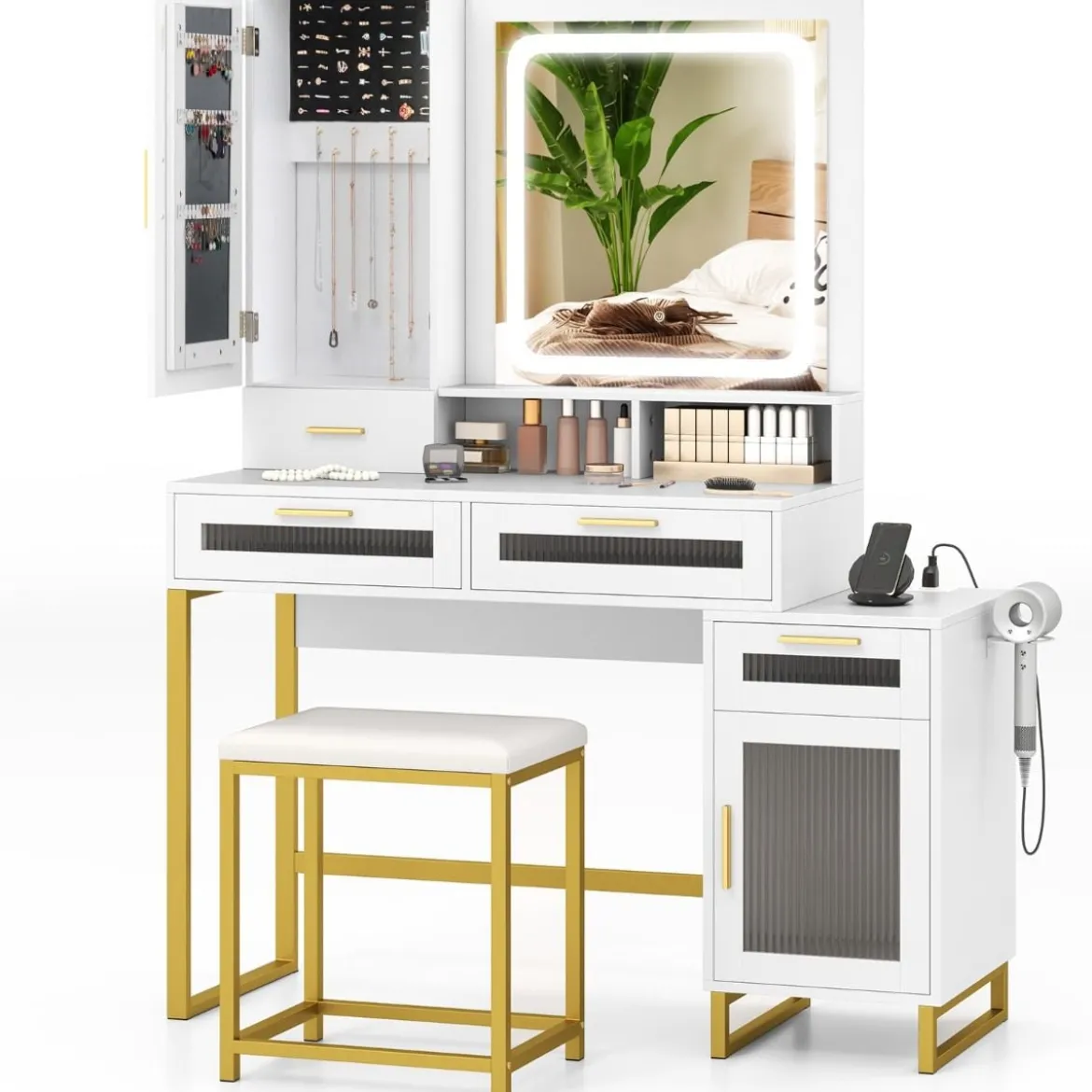 Schminktisch mit LED-Beleuchtung & Ladestation & Hocker Frisiertisch Schmuckschrank