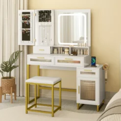 Schminktisch mit LED-Beleuchtung & Ladestation & Hocker Frisiertisch Schmuckschrank
