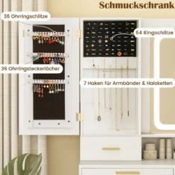 Schminktisch mit LED-Beleuchtung & Ladestation & Hocker Frisiertisch Schmuckschrank