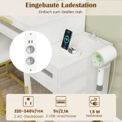 Schminktisch mit LED-Beleuchtung & Ladestation & Hocker Frisiertisch Schmuckschrank