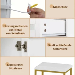 Schminktisch mit LED-Beleuchtung & Ladestation & Hocker Frisiertisch Schmuckschrank