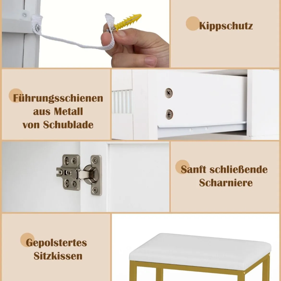 Schminktisch mit LED-Beleuchtung & Ladestation & Hocker Frisiertisch Schmuckschrank