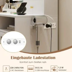 Schminktisch mit LED-Beleuchtung & Ladestation & 3 Schubladen Schmuckschrank Frisiertisch