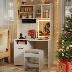 Schminktisch mit LED Beleuchtung & Hocker & Steckdosen Frisiertisch Kosmetiktisch Weiß