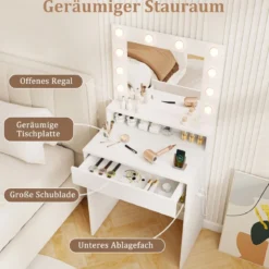 Schminktisch mit LED-Beleuchtung einstellbare Helligkeit Frisiertisch mit Spiegel Weiß