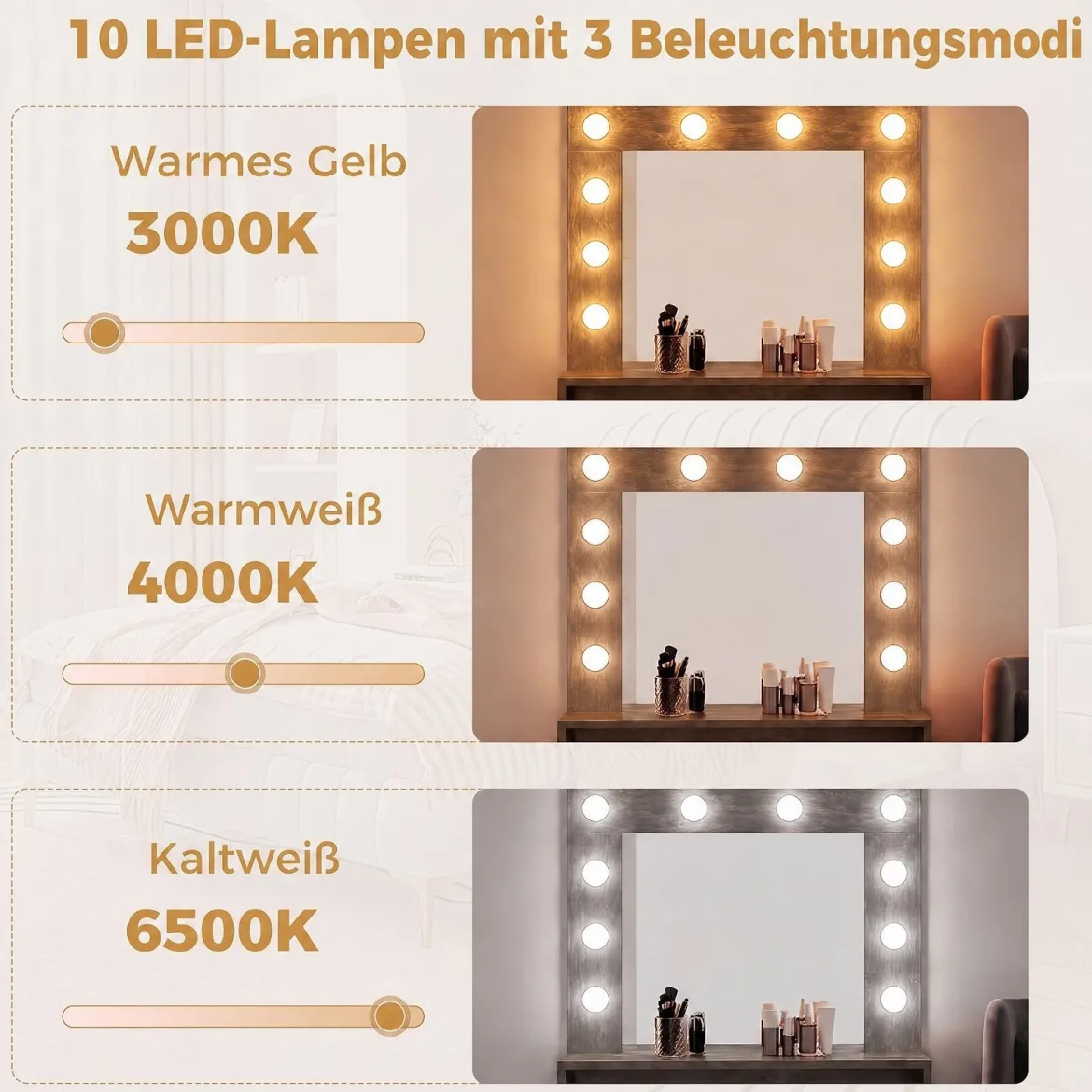 Schminktisch mit LED-Beleuchtung Einstellbare Helligkeit Frisiertisch mit Spiegel Rustikalbraun