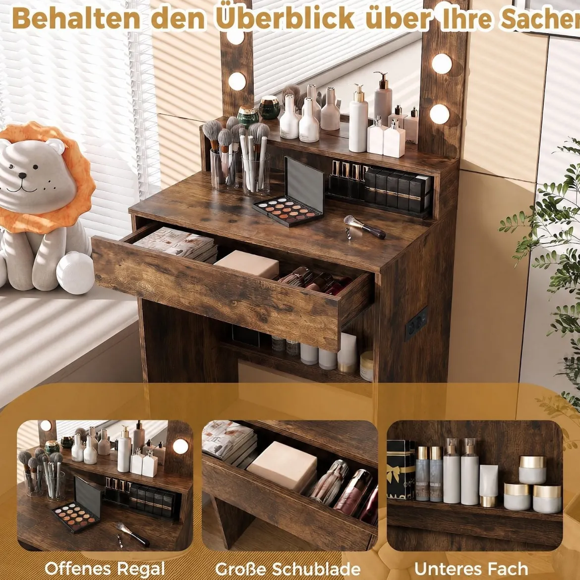 Schminktisch mit LED-Beleuchtung Einstellbare Helligkeit Frisiertisch mit Spiegel Rustikalbraun