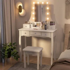 Schminktisch mit LED-Beleuchtung & 5 Schubladen & Hocker Frisiertisch Kosmetiktisch Weiß