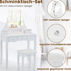 Schminktisch mit LED-Beleuchtung & 5 Schubladen & Hocker Frisiertisch Kosmetiktisch Weiß
