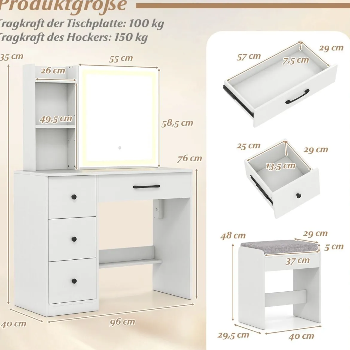 Schminktisch mit LED Schiebespiegel & Hocker & Schubladen & Steckdosen Kosmetiktisch Weiß