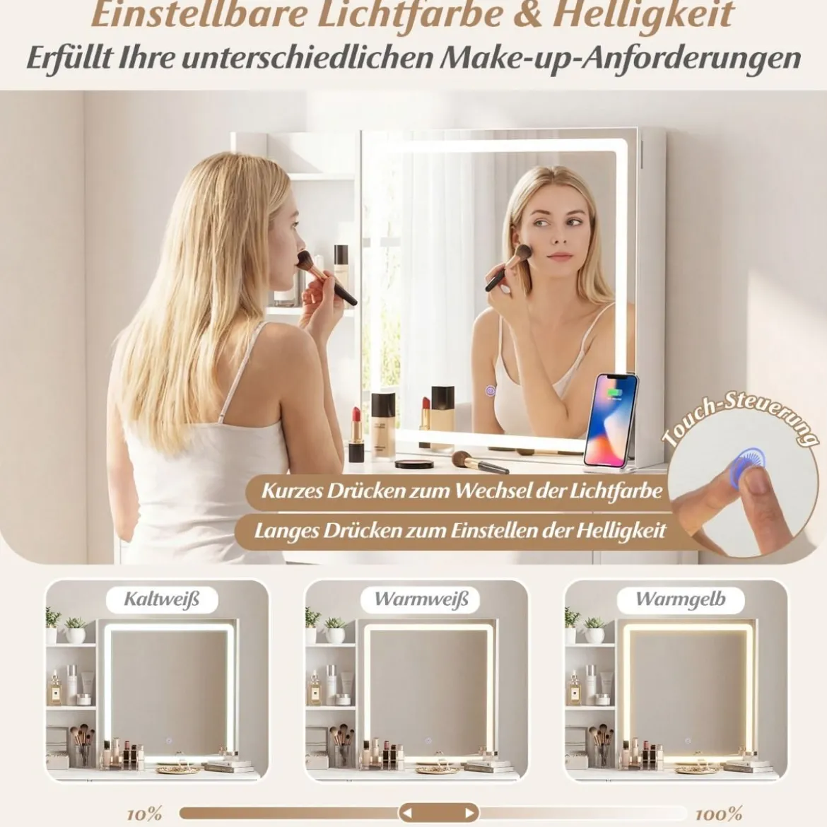 Schminktisch mit LED Schiebespiegel & Hocker & Schubladen & Steckdosen Kosmetiktisch Weiß