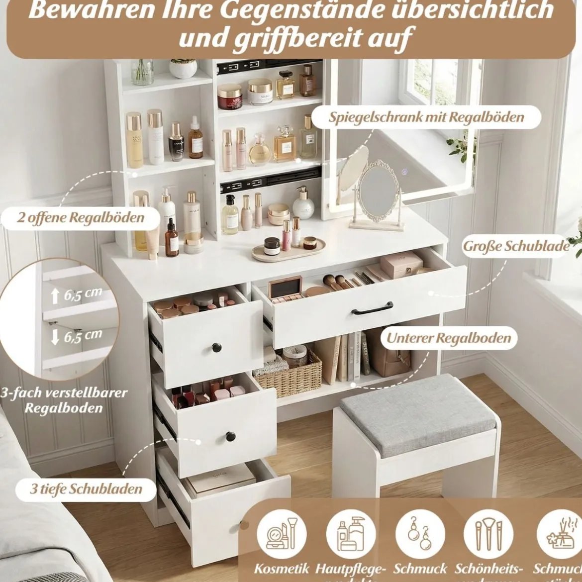 Schminktisch mit LED Schiebespiegel & Hocker & Schubladen & Steckdosen Kosmetiktisch Weiß